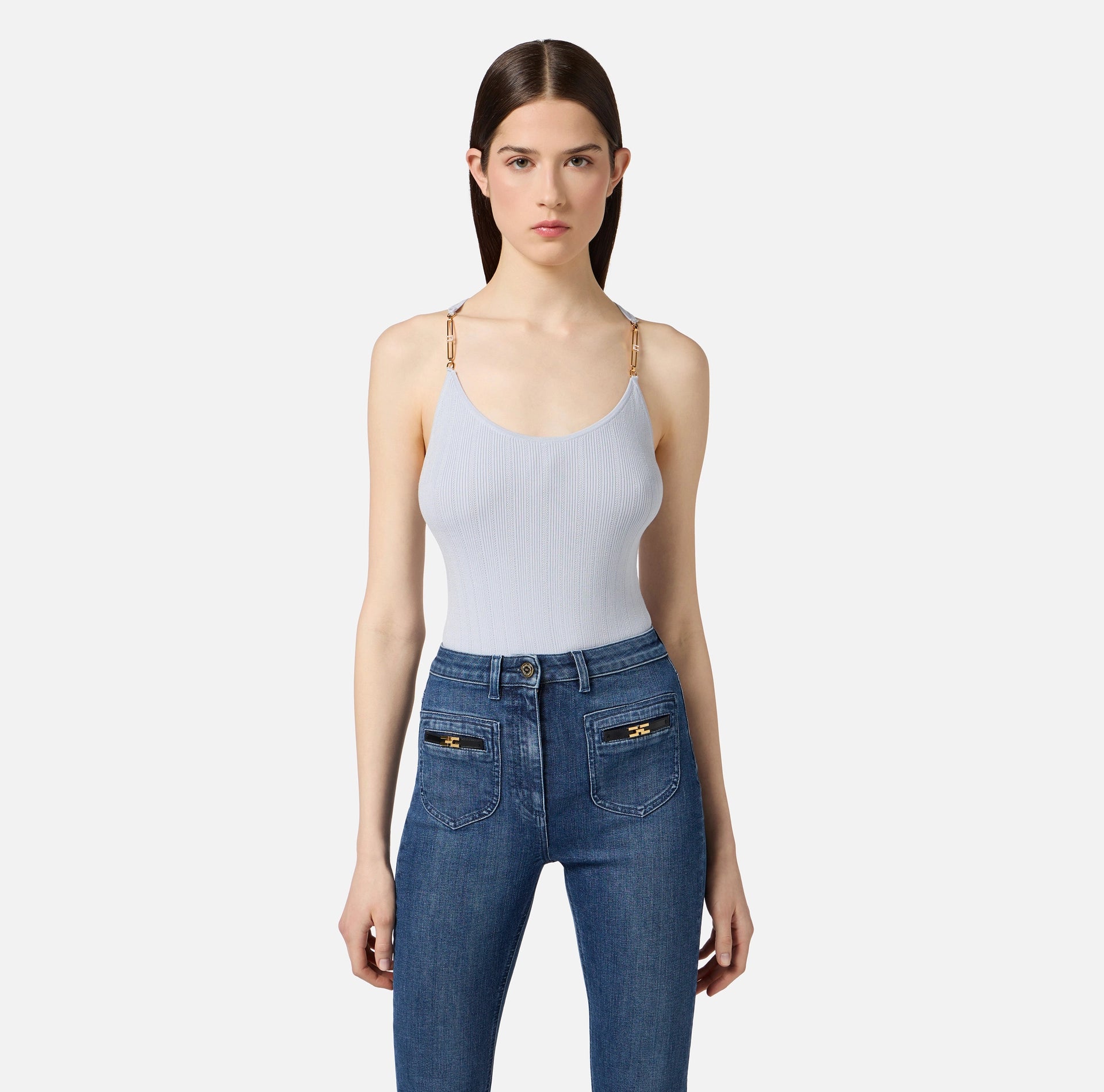 Baby blue rib knit top with gold details