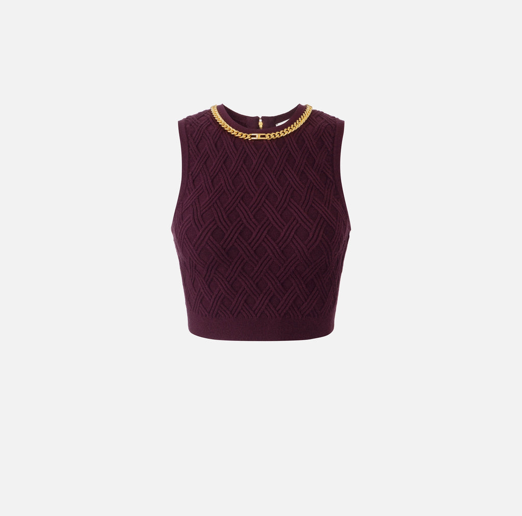 Burgundy knit top with gold chain
