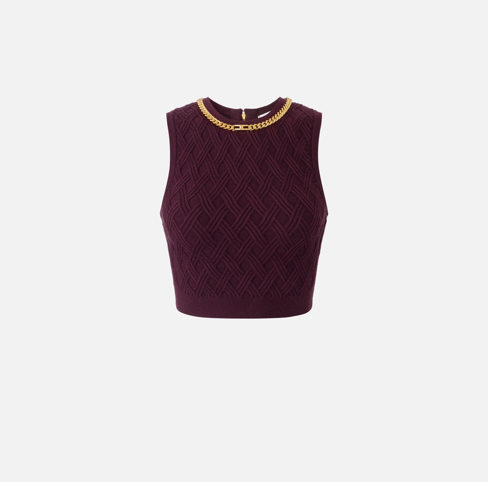 Burgundy knit top with gold chain