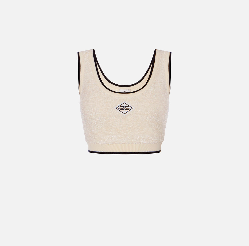 White boucle knit crop top