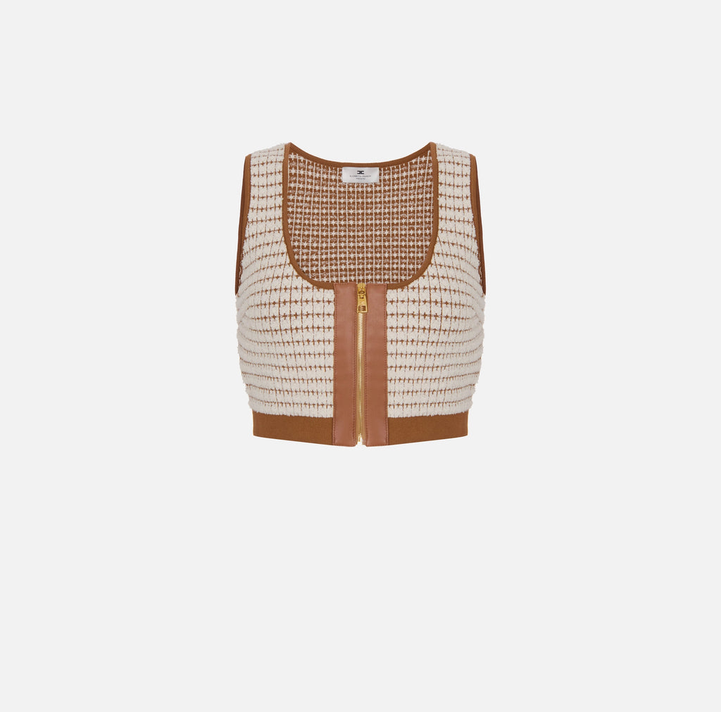 Ivory brown knit crop top with leather details
