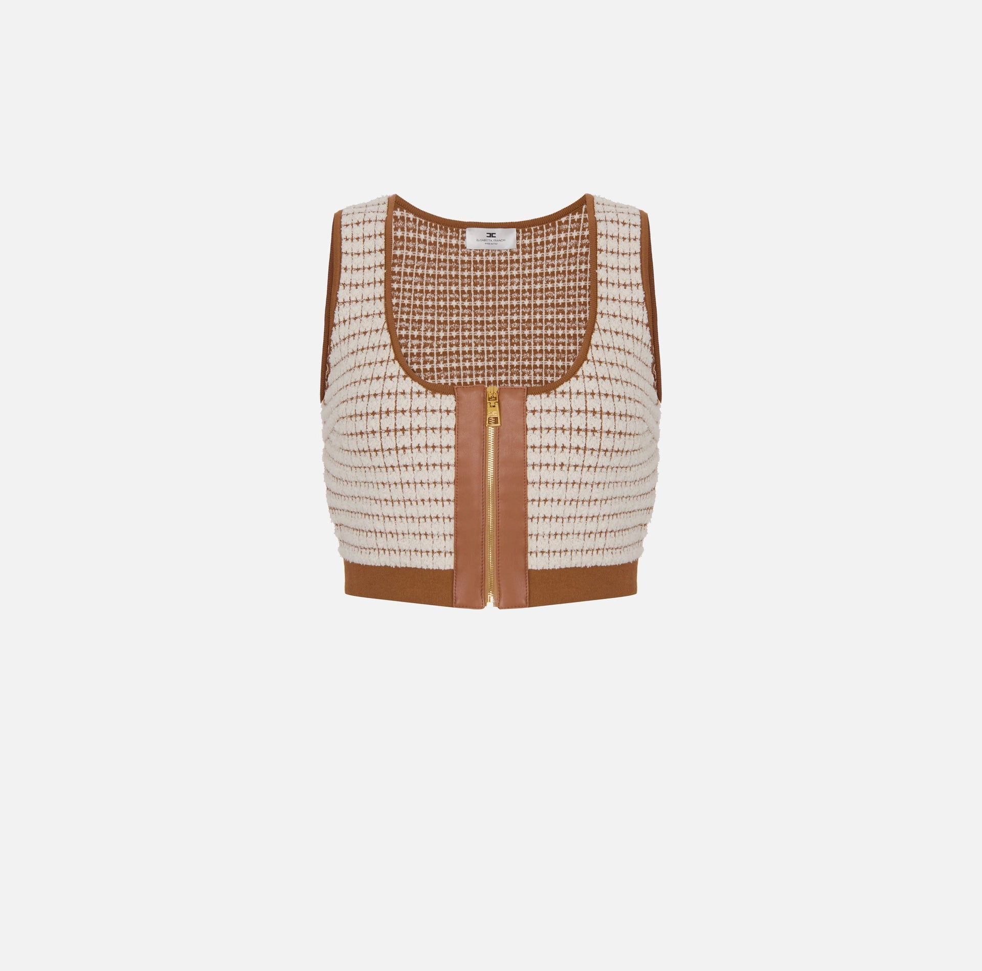 Ivory brown knit crop top with leather details
