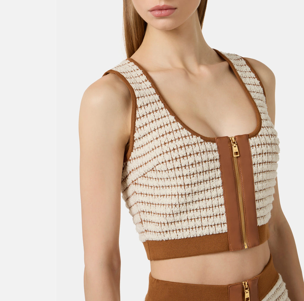 Ivory brown knit crop top with leather details