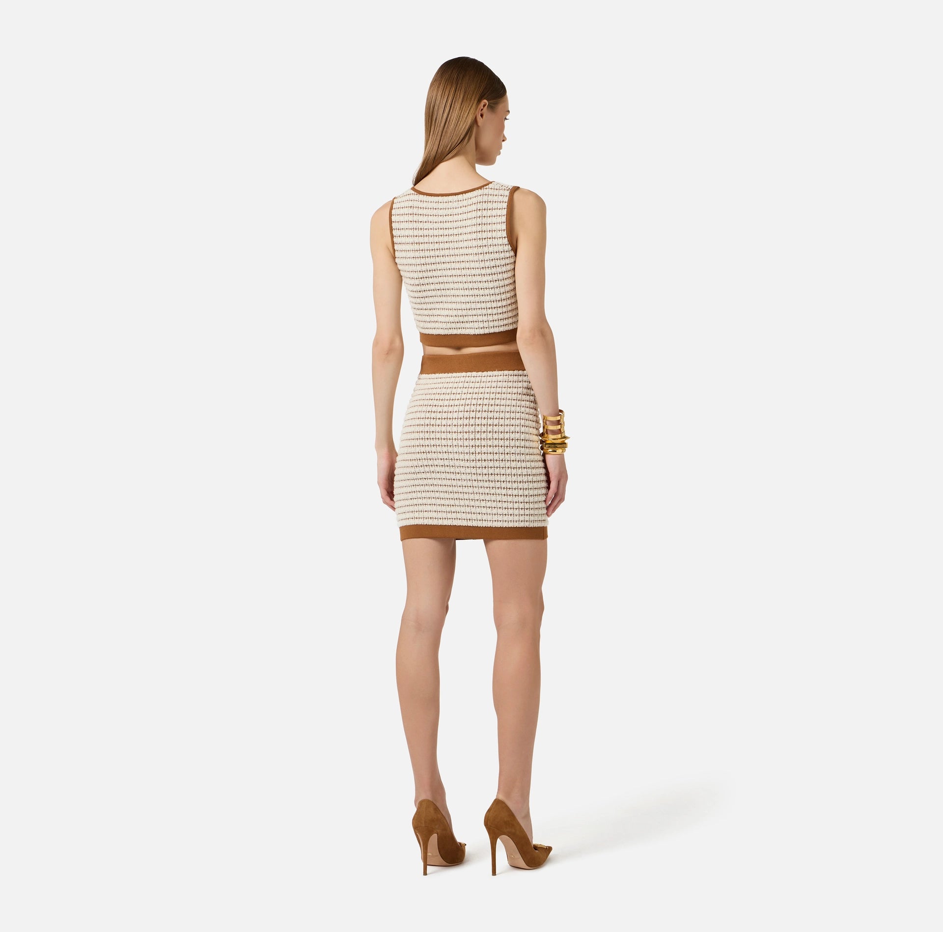 Ivory brown knit crop top with leather details