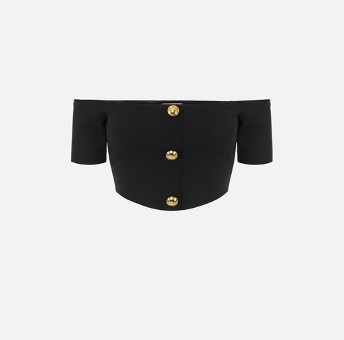 Black knit cropped top with gold buttons
