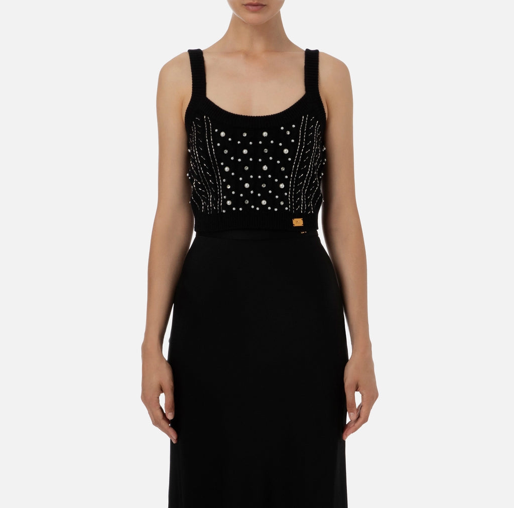 Black wool top with rhinestone and pearl embroidery