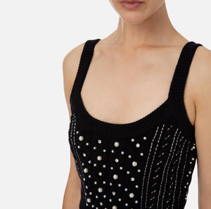 Black wool top with rhinestone and pearl embroidery