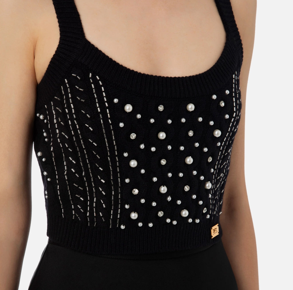 Black wool top with rhinestone and pearl embroidery