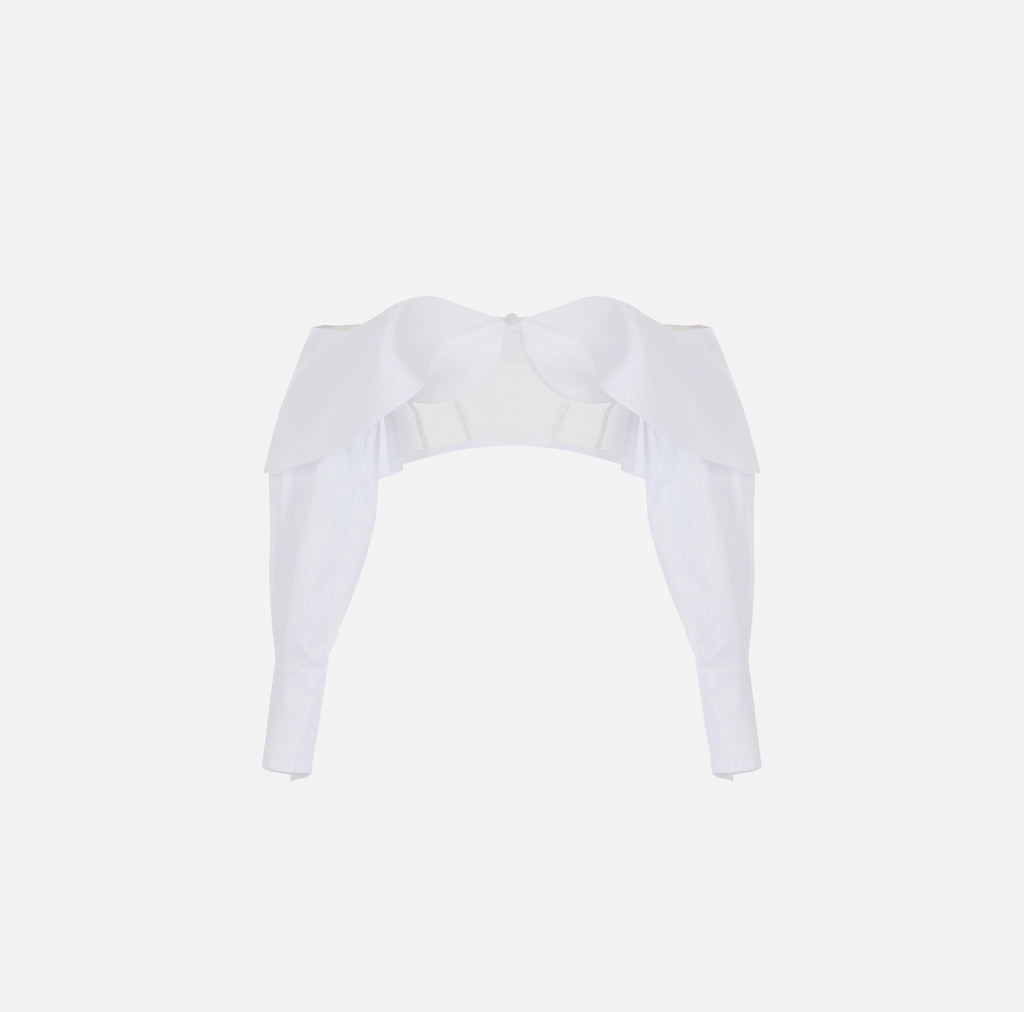 White cotton and tulle bustier crop top with sleeves