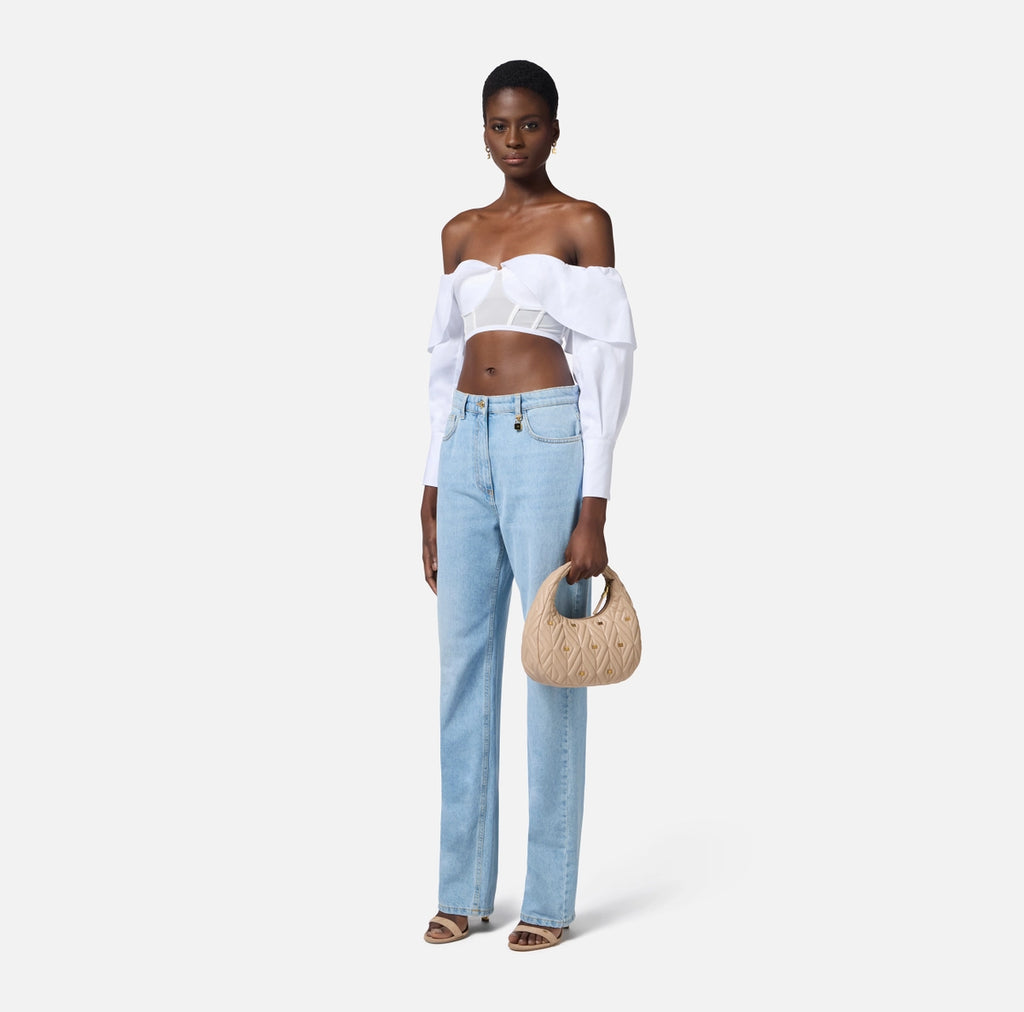 White cotton and tulle bustier crop top with sleeves