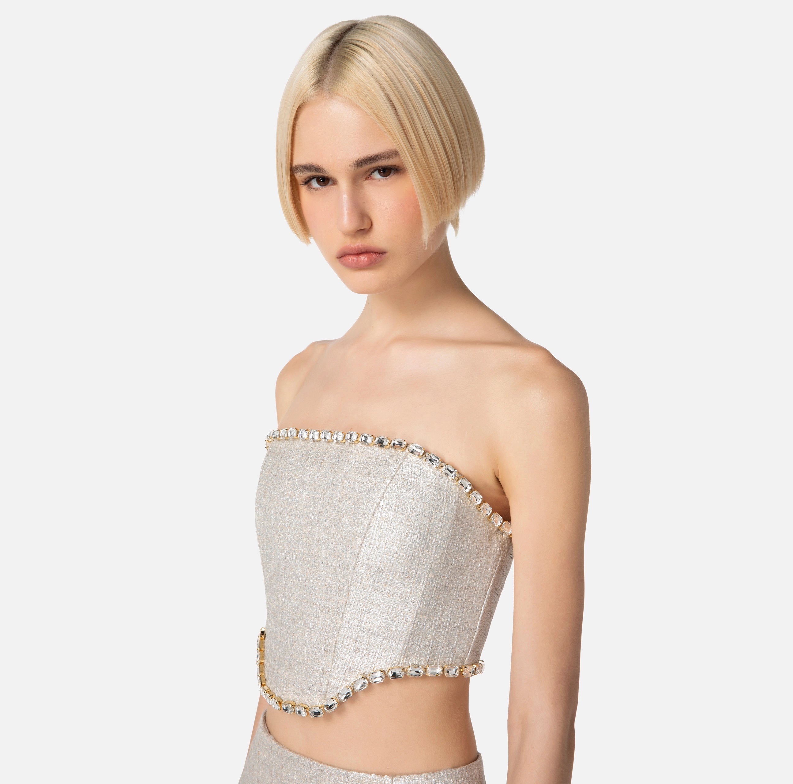Silver bustier top in laminated tweed