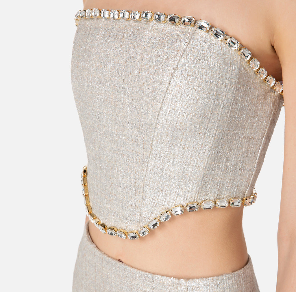 Silver bustier top in laminated tweed