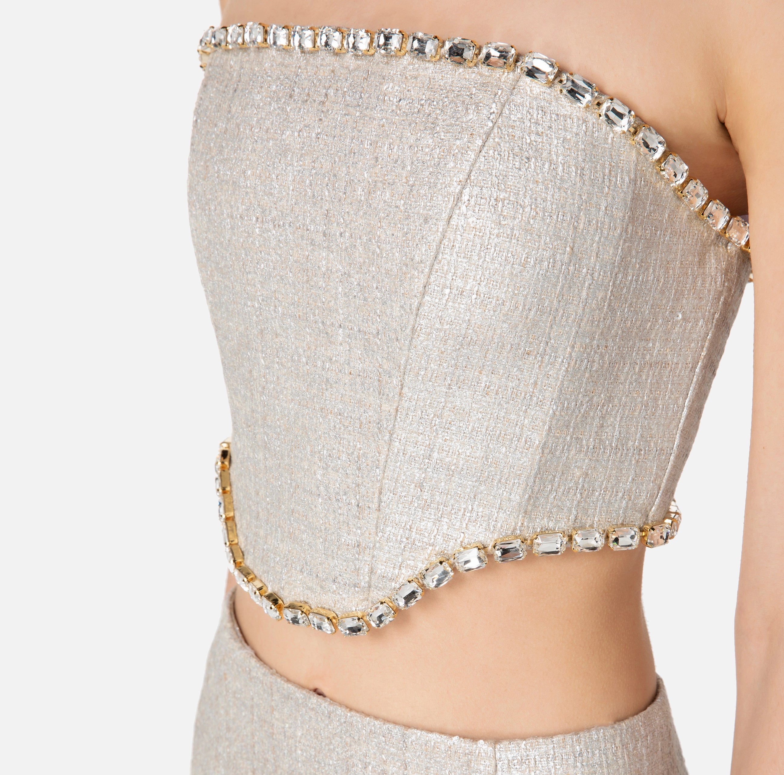 Silver bustier top in laminated tweed