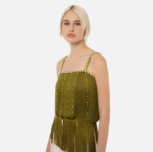 Olive fringes top with pearls and rhinestones