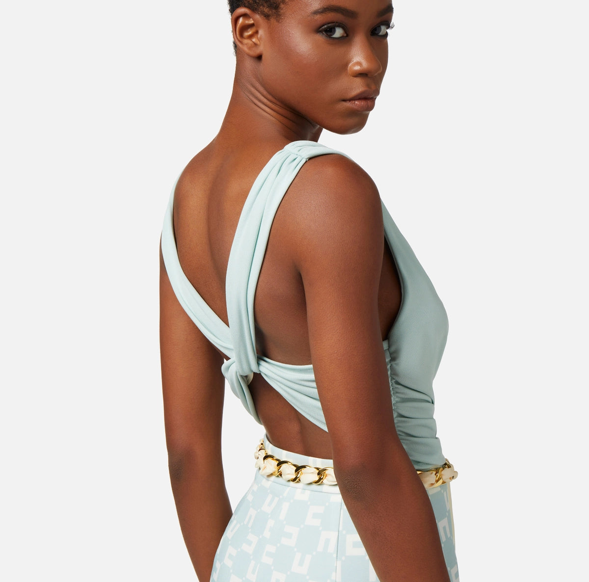 Aqua jersey criss-cross top