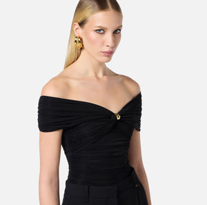 Black stretch organza off shoulder top