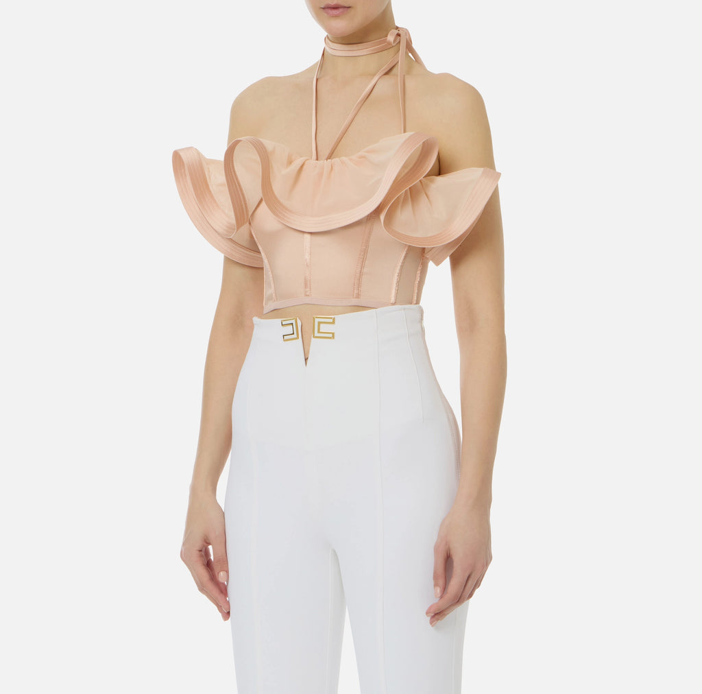 Nude satin top with maxi ruffles
