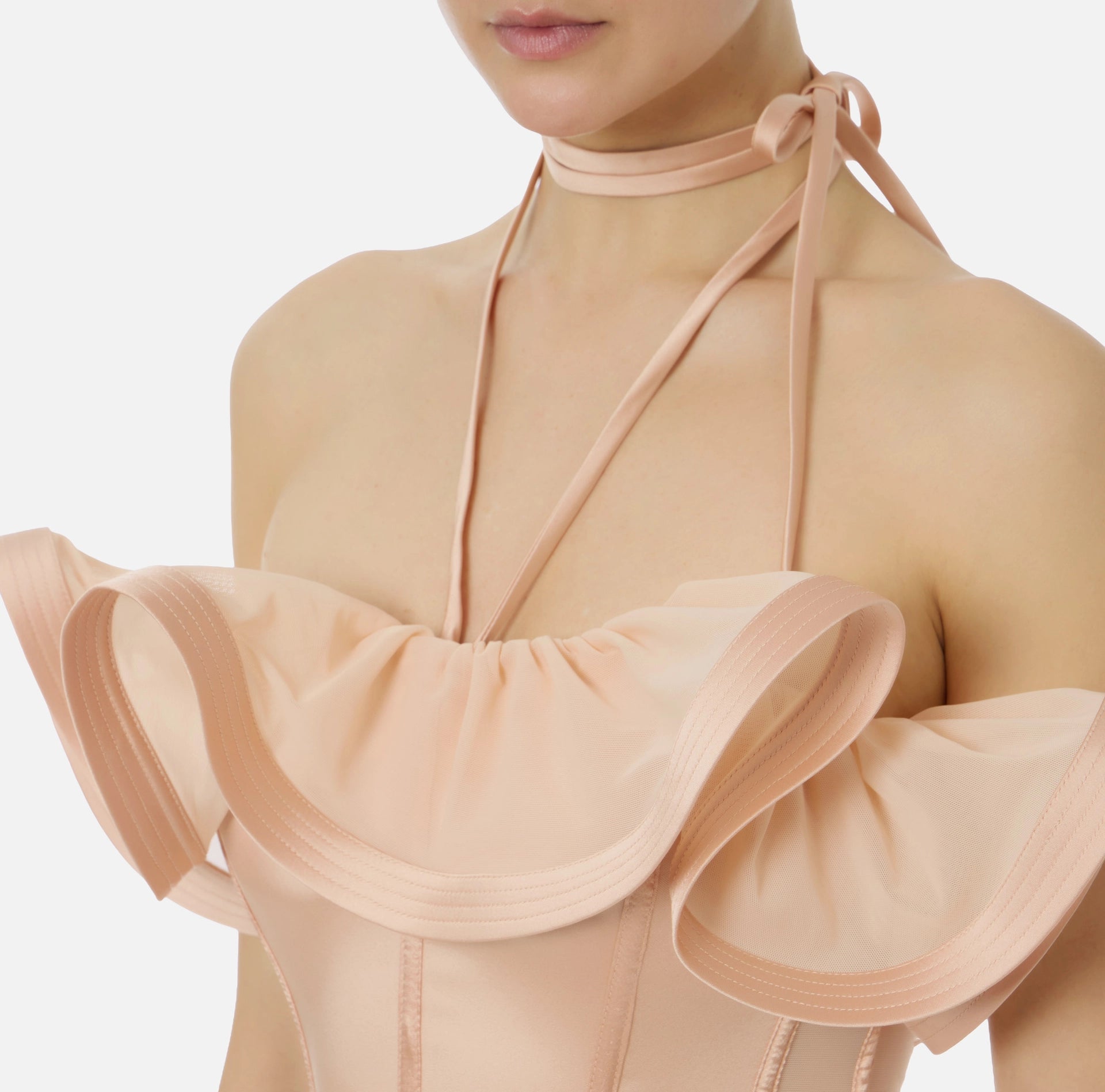 Nude satin top with maxi ruffles