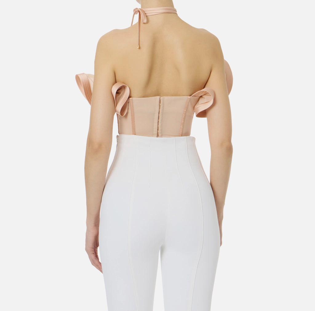 Nude satin top with maxi ruffles