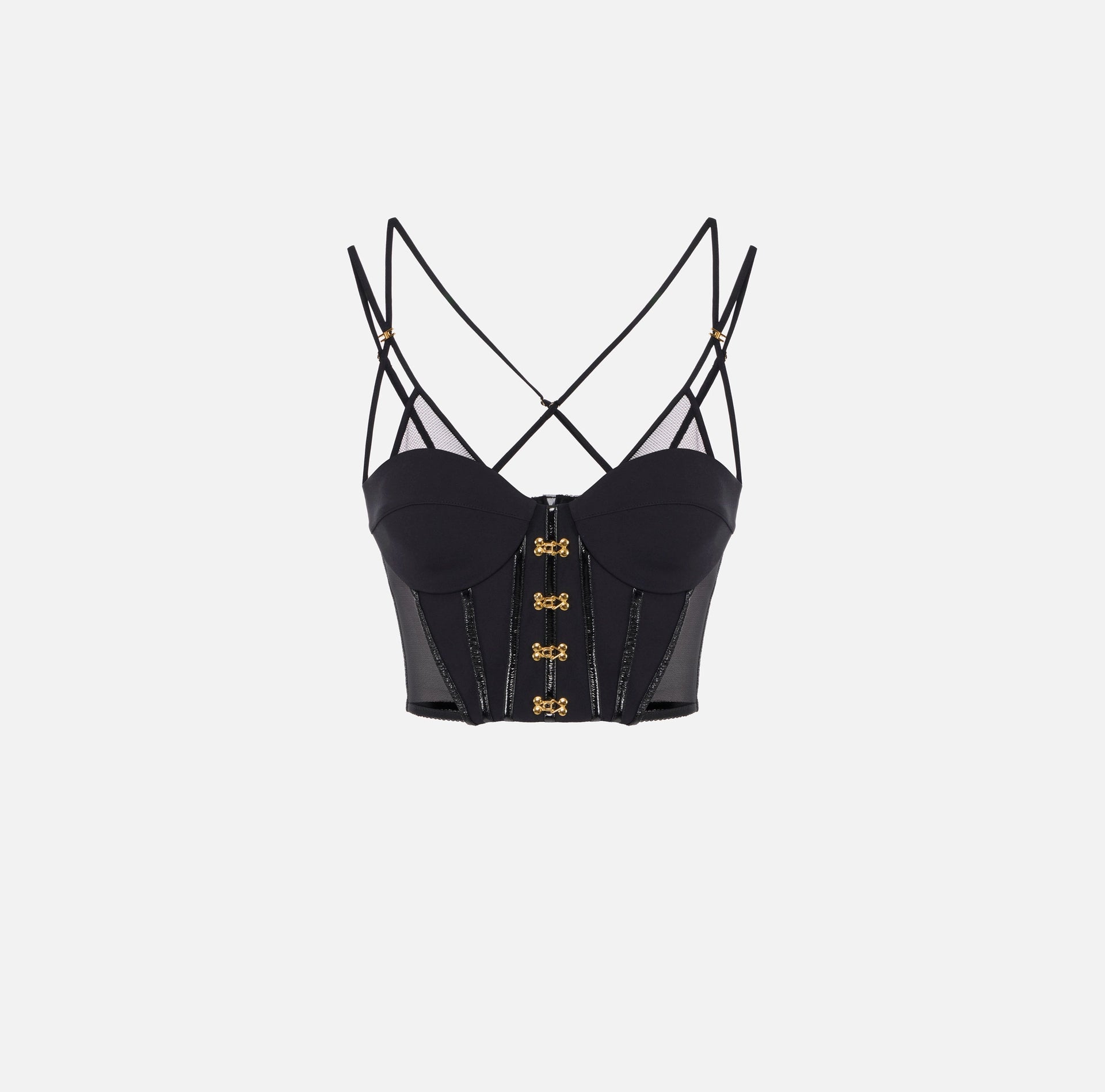 Black top in neoprene fabric with corset details