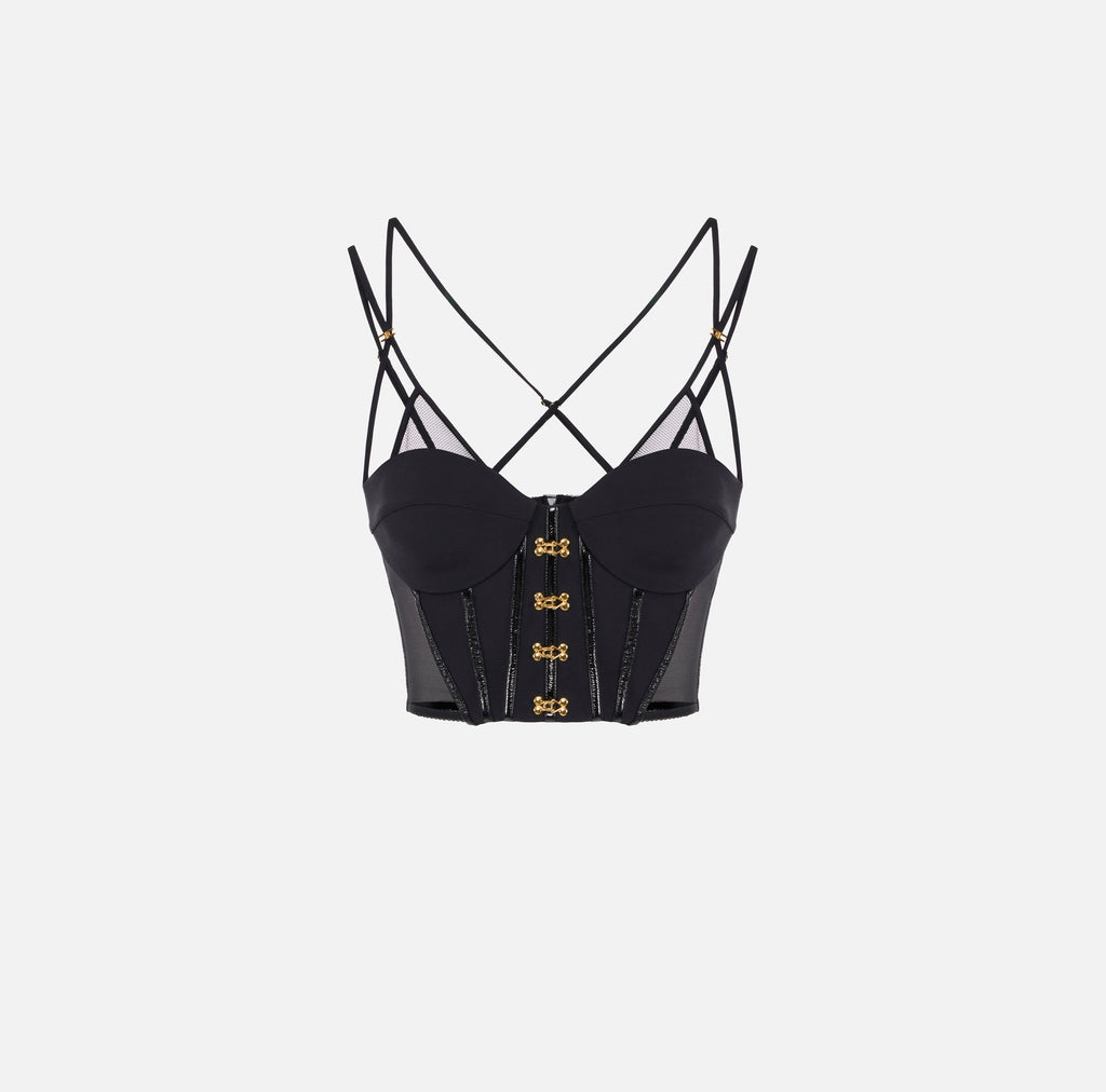 Black top in neoprene fabric with corset details