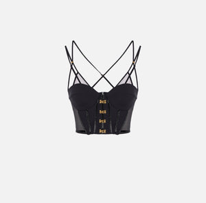 Black top in neoprene fabric with corset details
