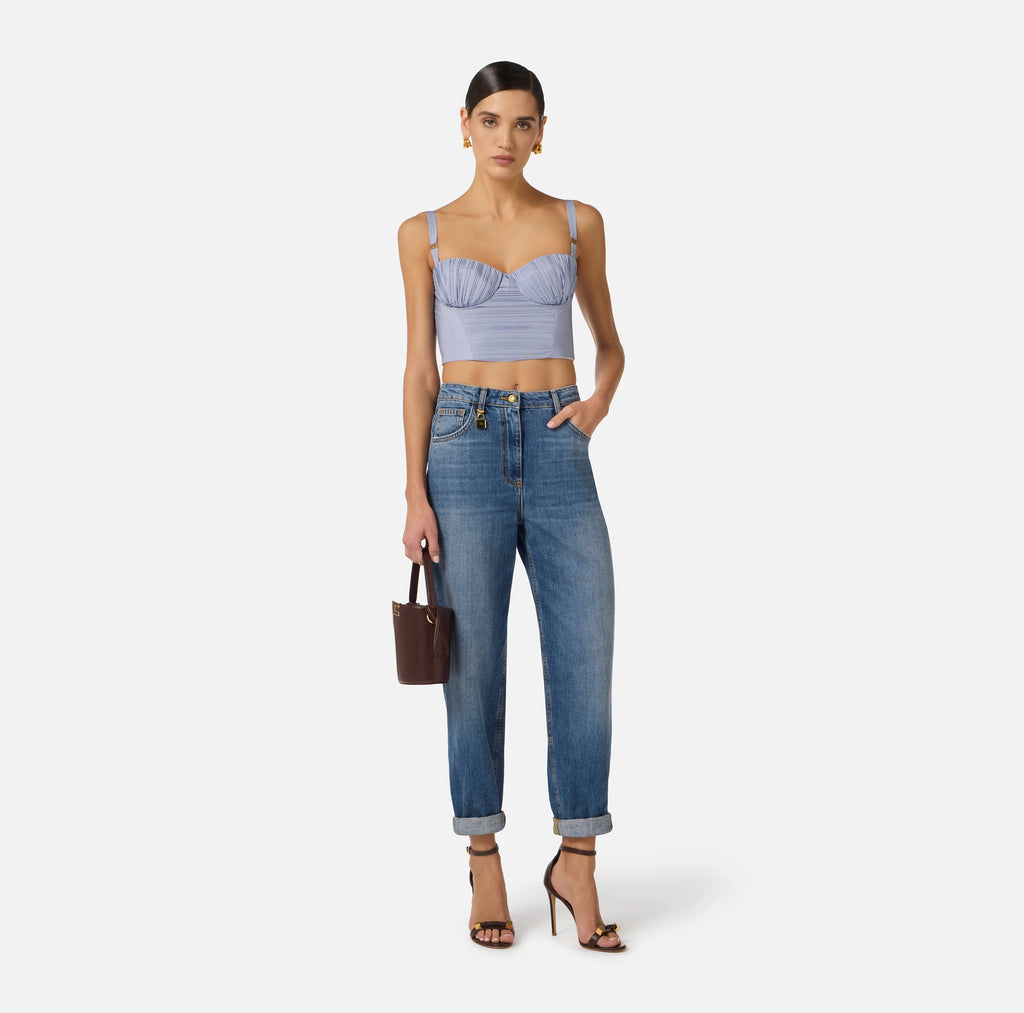 Blue oxford striped crop top