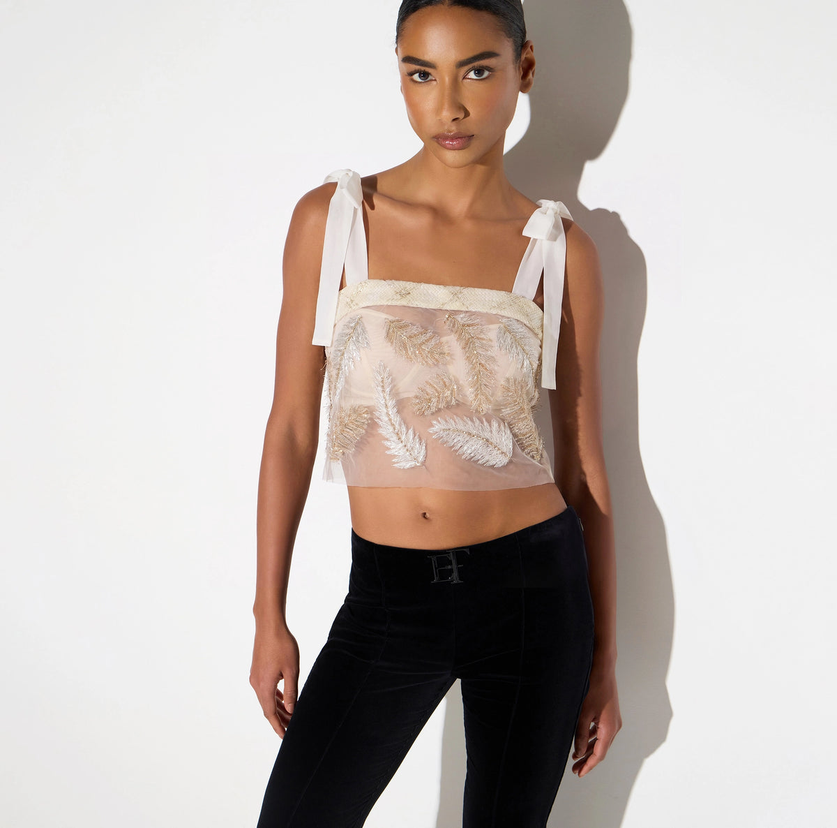 Ivory feather embroidered tulle top