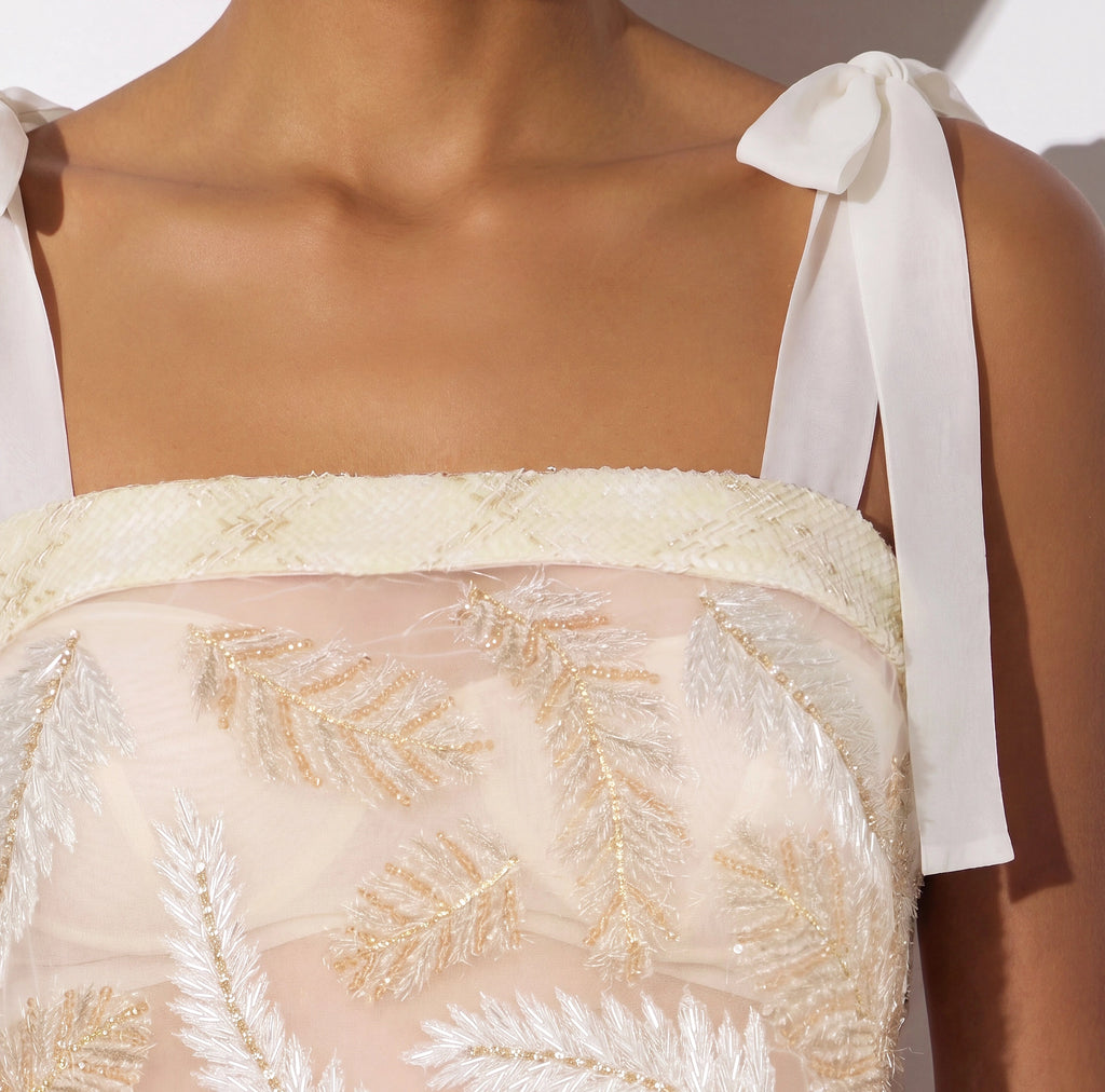 Ivory feather embroidered tulle top