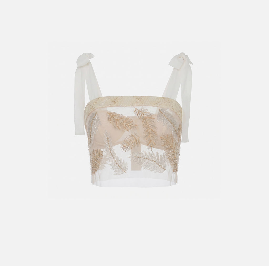Ivory feather embroidered tulle top