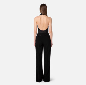 Black halter neck jumpsuit with embroidered waistband