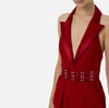 Red halter neck jumpsuit with embroidered waistband