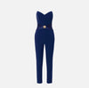 Navy strapless jumpsuit with satin bow and gold decoration