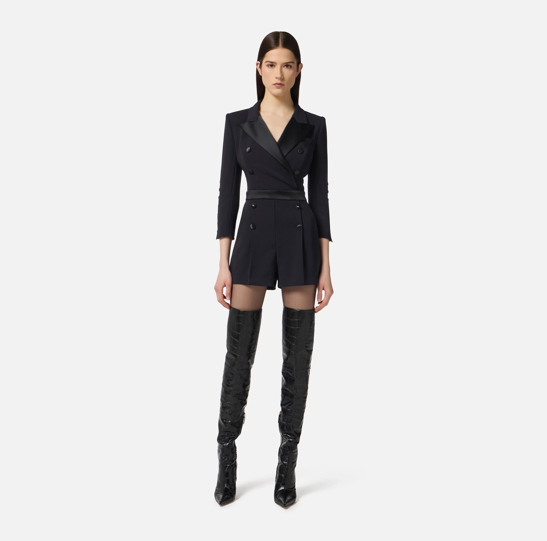 Black classic romper with satin lapels