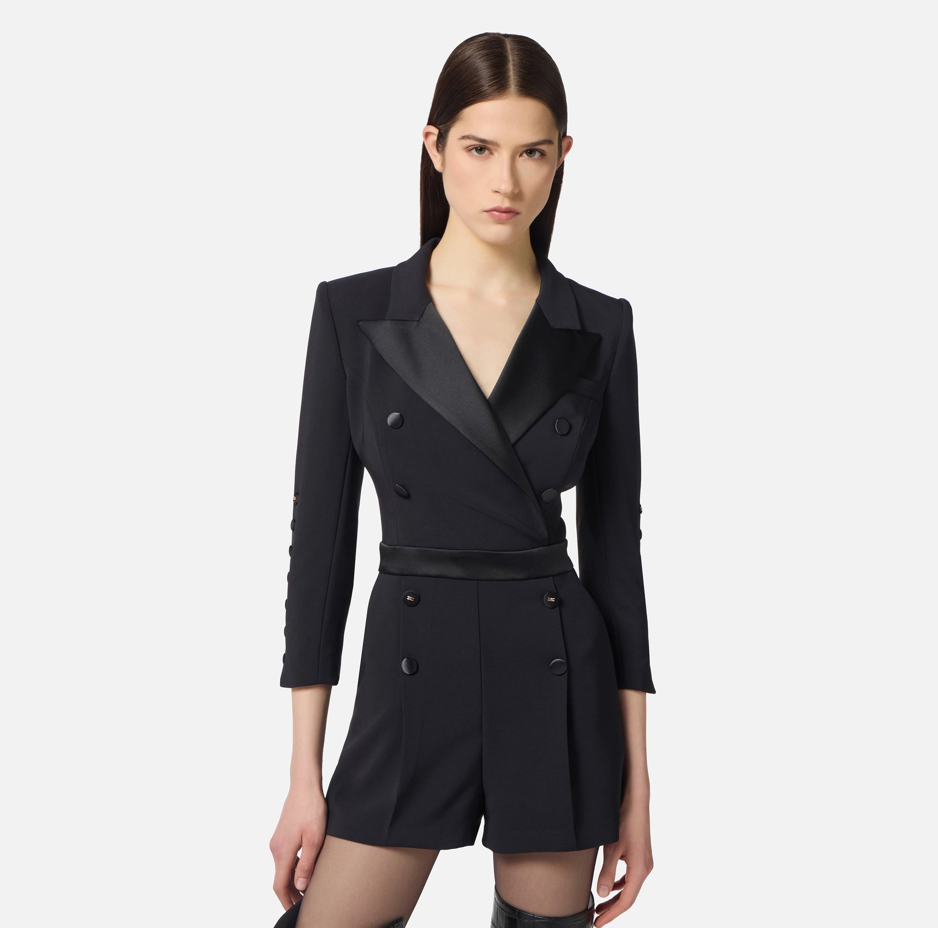 Black classic romper with satin lapels