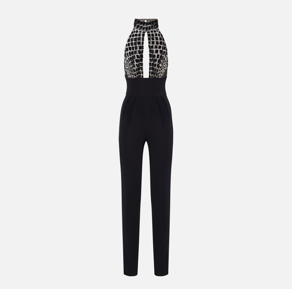 Black jumpsuit in tulle with crocodile embroideries