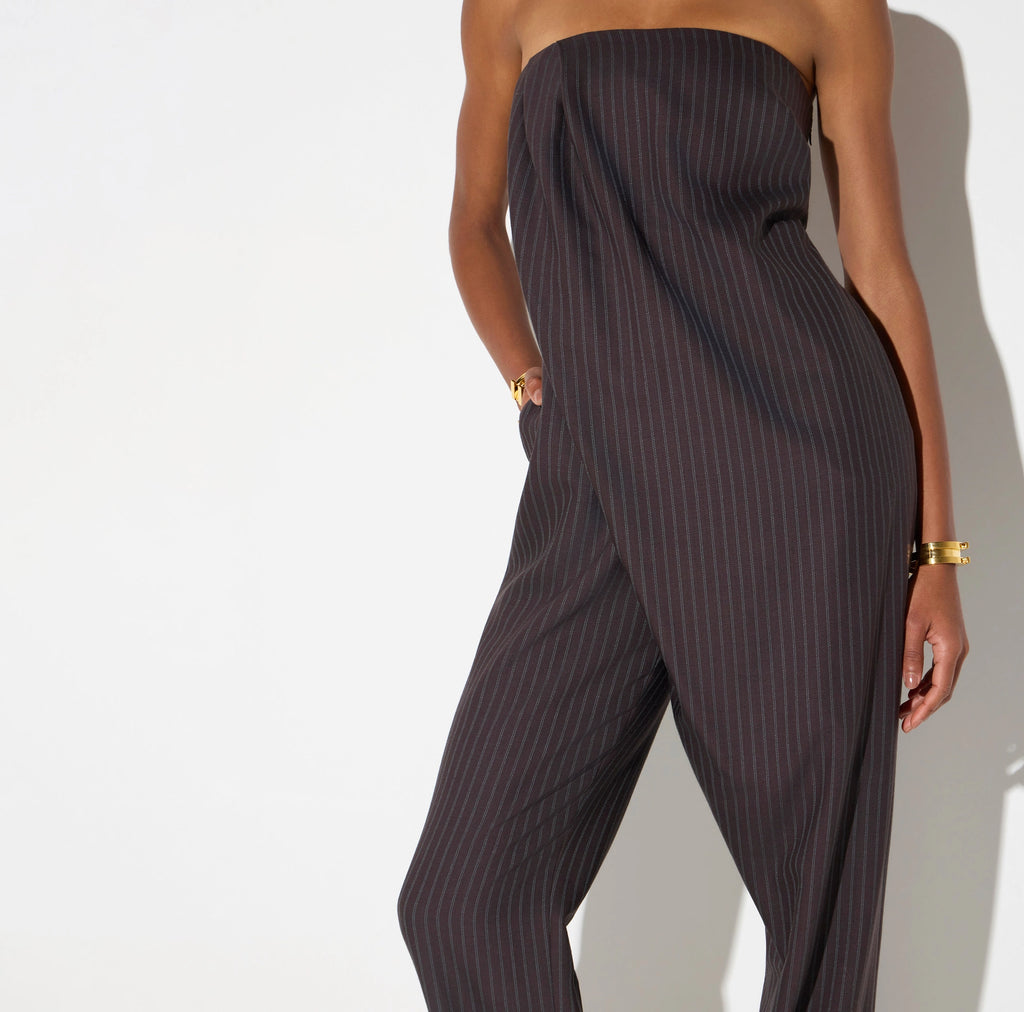 Navy red pinstriped jumpsuit