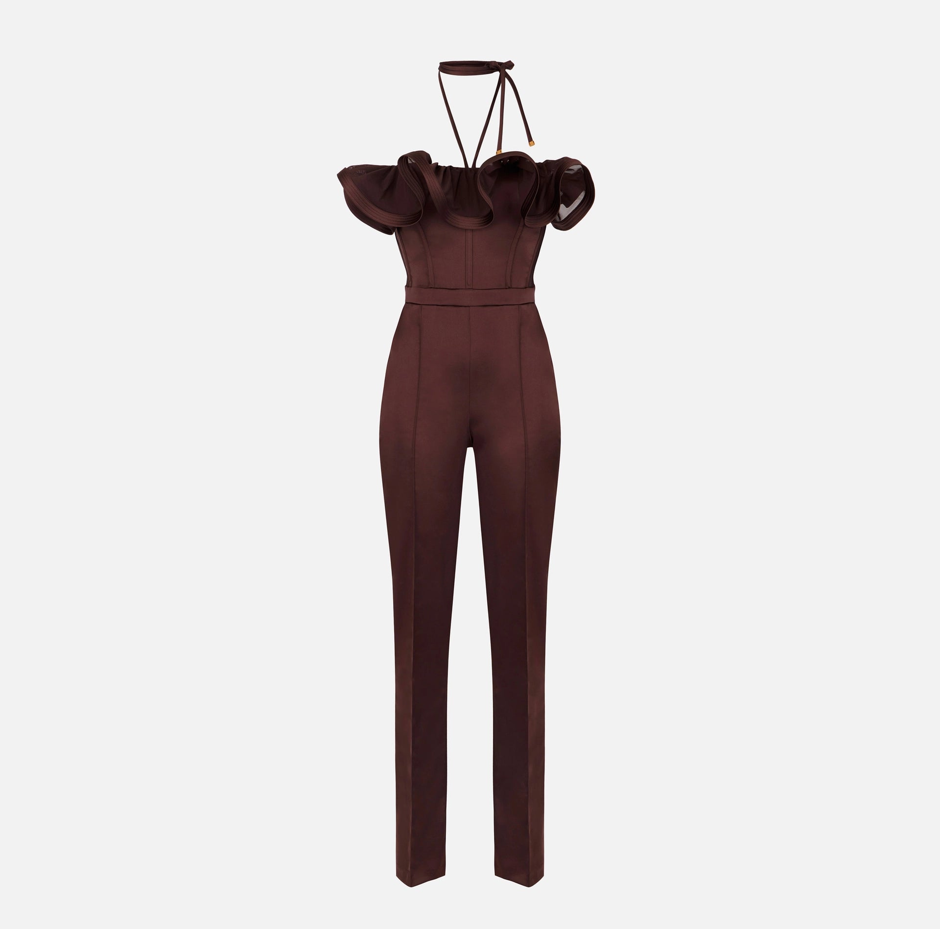 Chocolate stretch satin jumpsuit with maxi ruffle