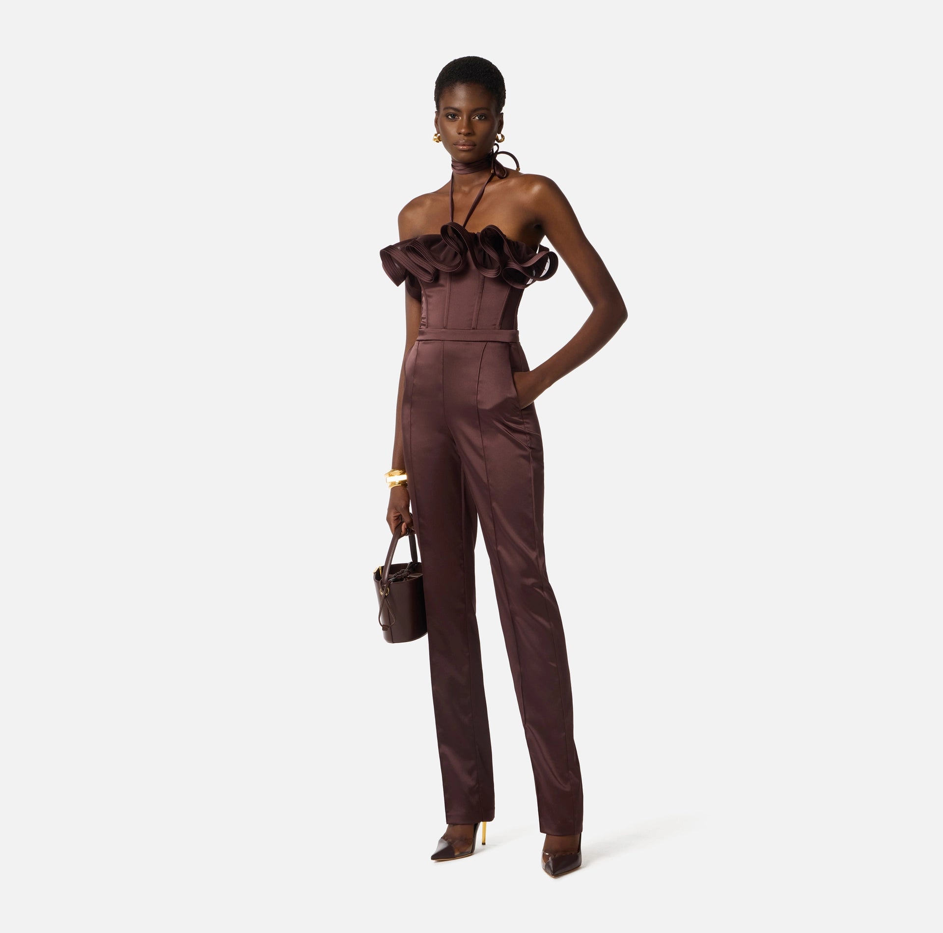 Chocolate stretch satin jumpsuit with maxi ruffle
