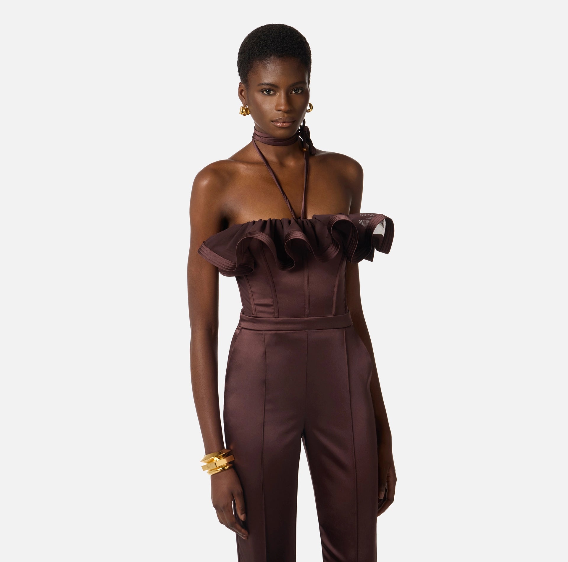 Chocolate stretch satin jumpsuit with maxi ruffle