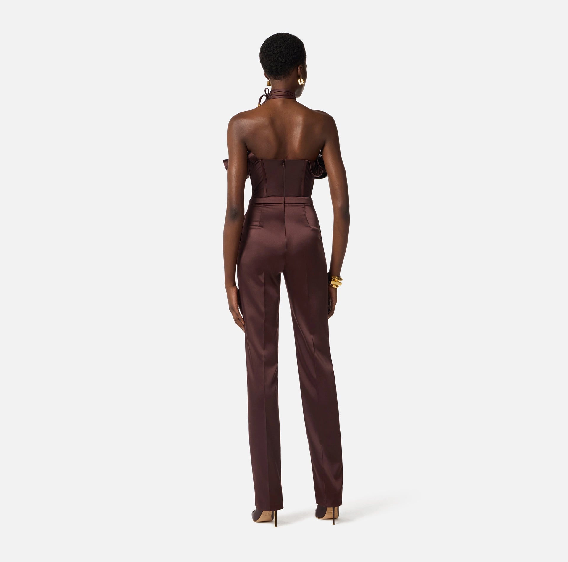 Chocolate stretch satin jumpsuit with maxi ruffle