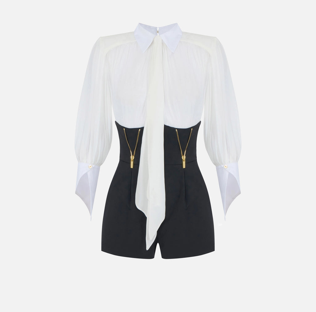 Black white romper with zips