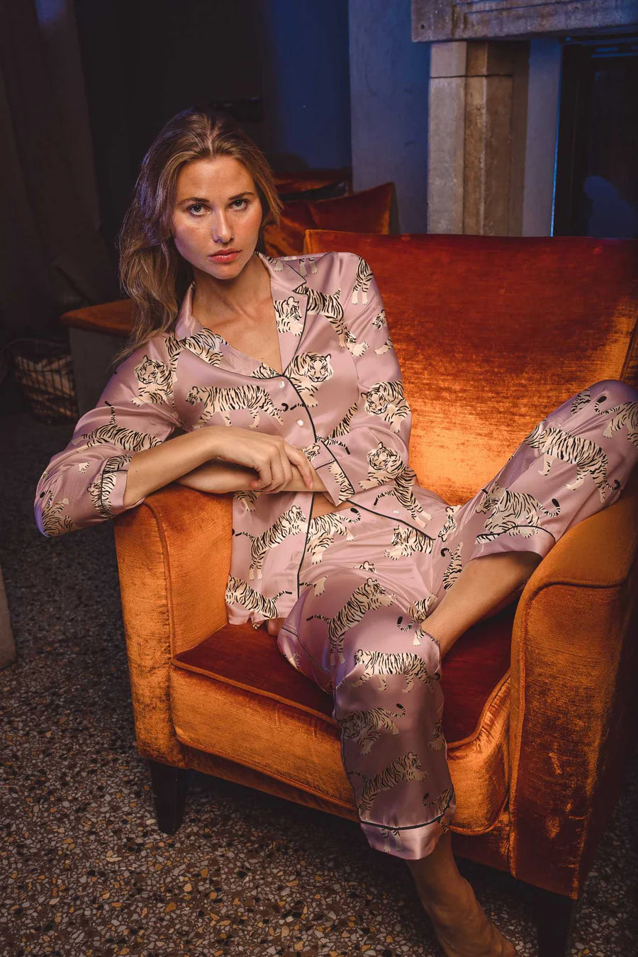 Rose Dalia silk satin long pajama set