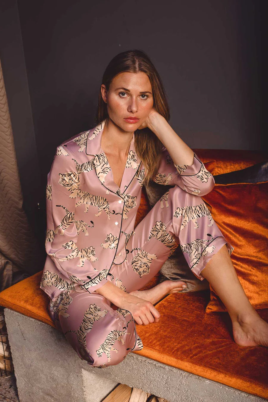 Rose Dalia silk satin long pajama set