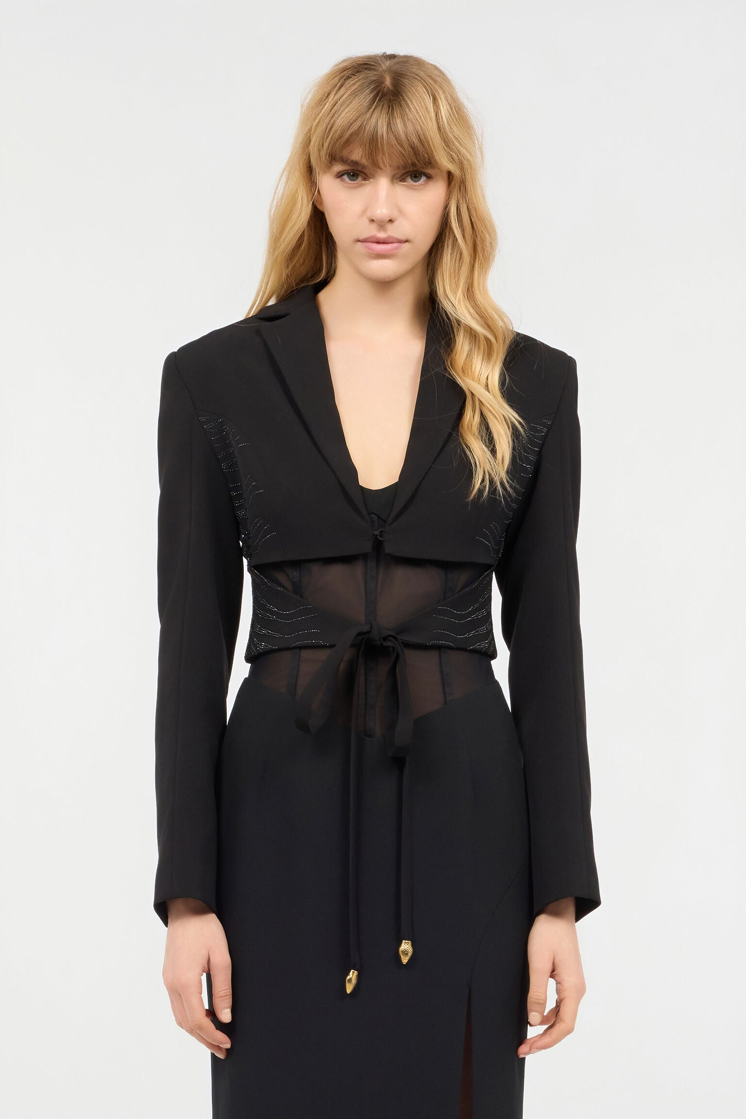 Black short jacket with black rhinestone applique