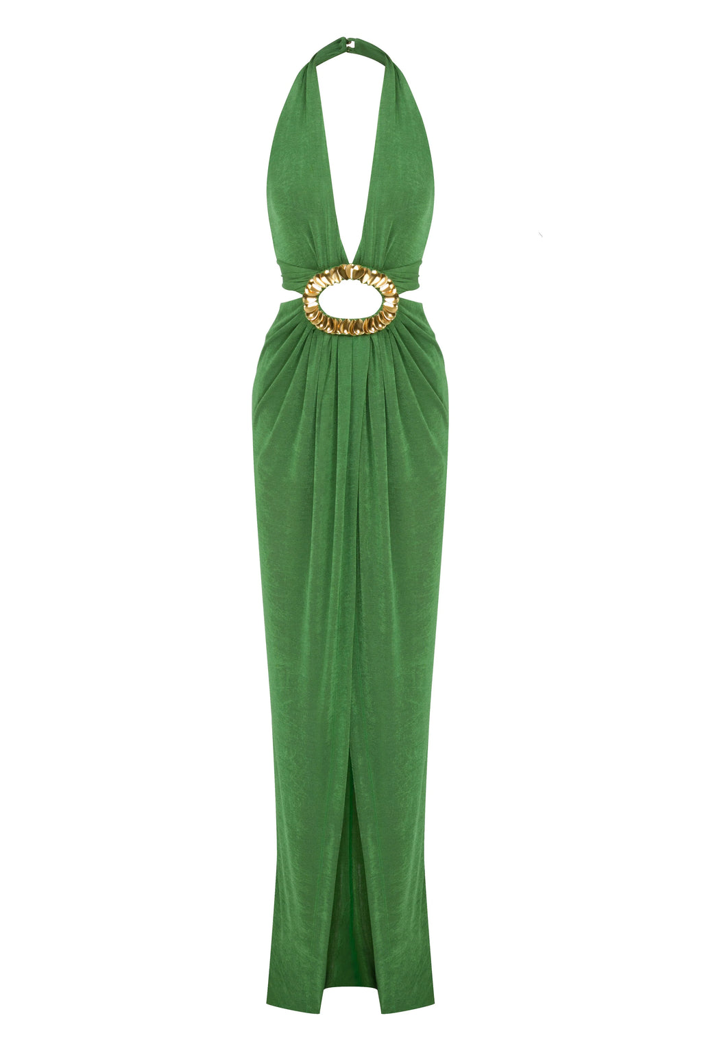 Green Halter Neck Maxi Dress With Cut Out And Gold Sequin Details