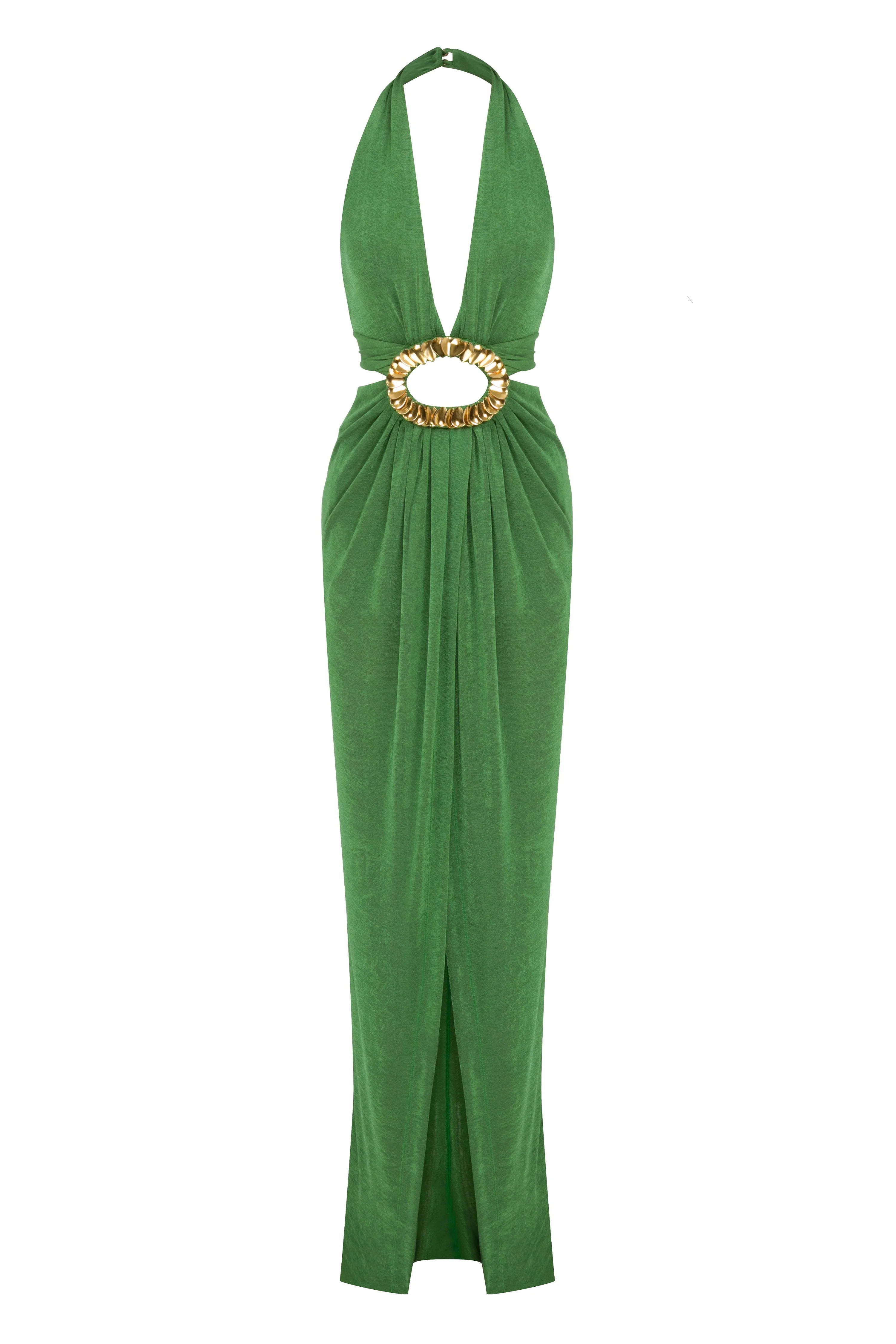 Green Halter Neck Maxi Dress With Cut Out And Gold Sequin Details