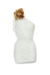White One Shouldered Mini Dress With Drape And Rose Details