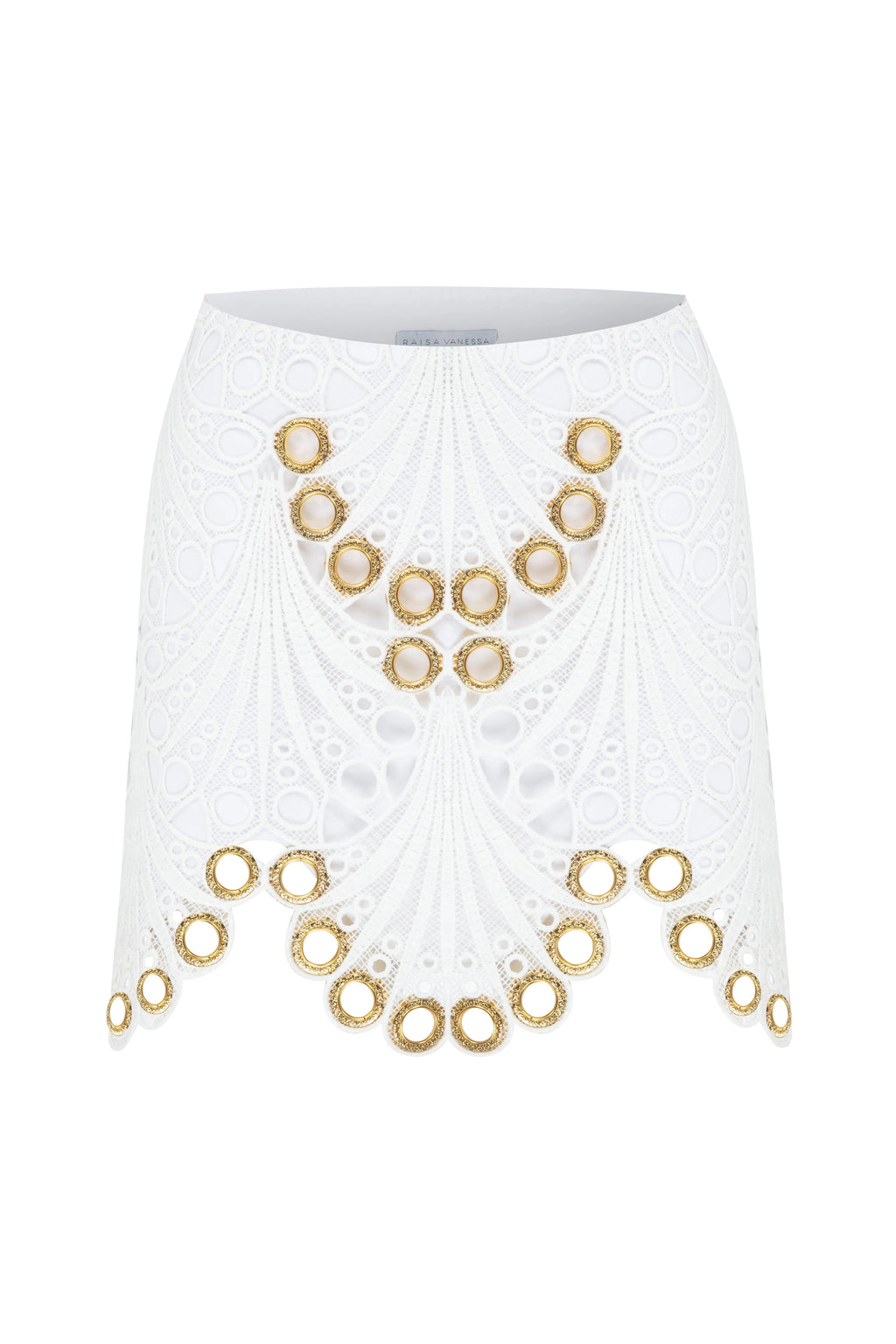 White Lace Mini Skirt With Gold Eyelet Details