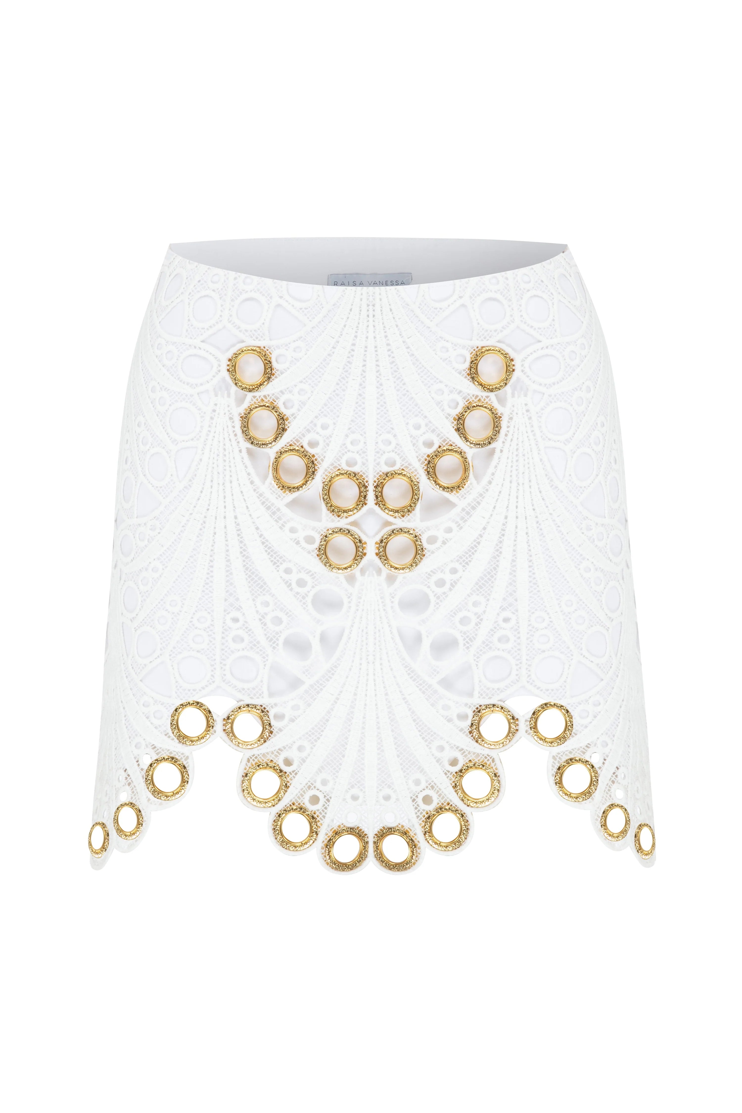 White Lace Mini Skirt With Gold Eyelet Details